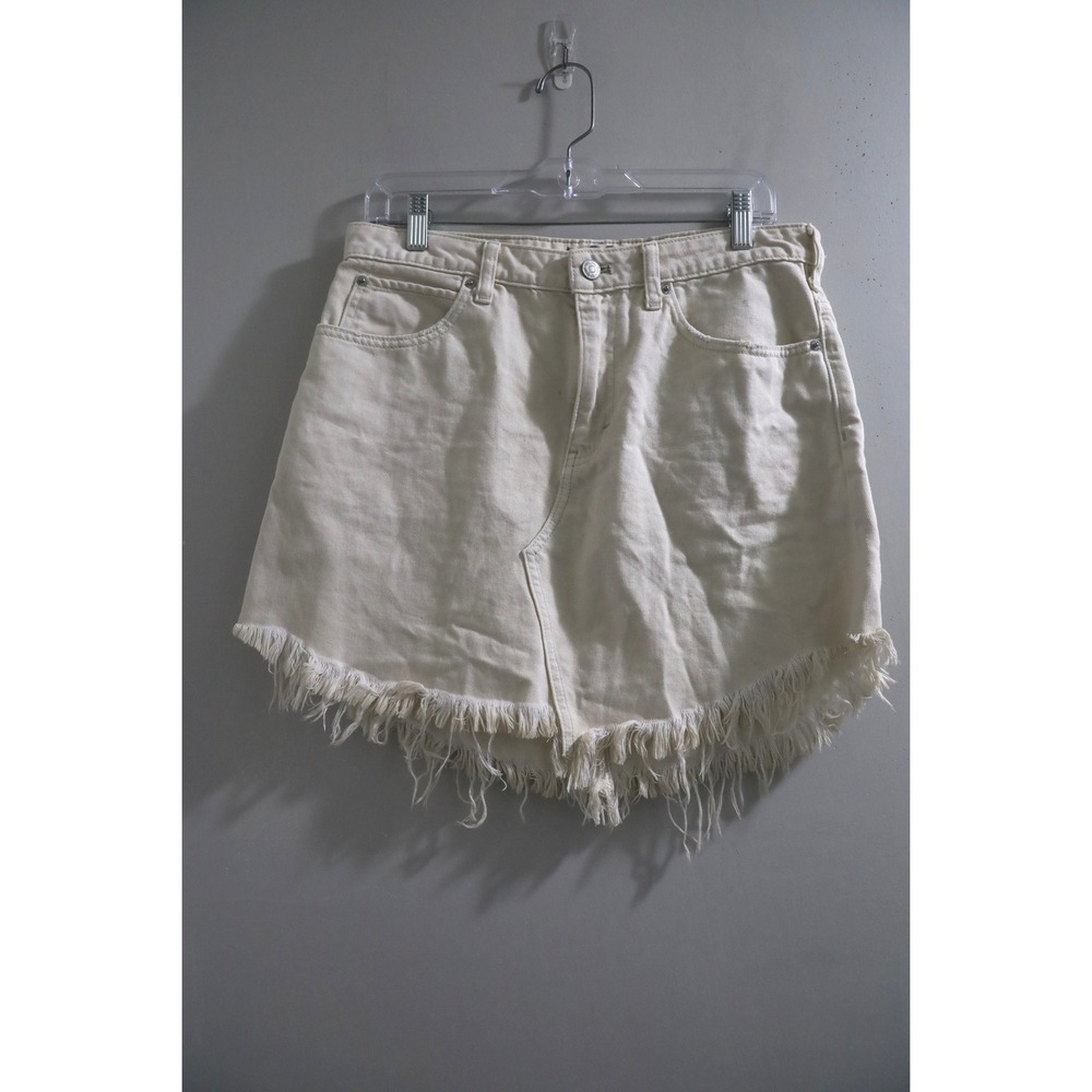 We The Free Free People Cream Denim Frayed Fringe Mini Skirt Size 29 OB1126627